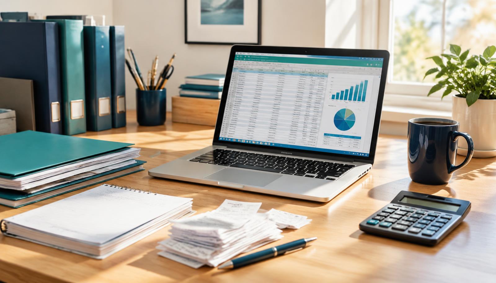 Organized office desk with a laptop showing financial reports, folders, receipts, and a calculator